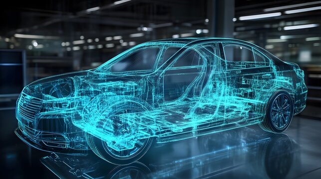 Holographic visualization showcasing the internal layout and safety mechanisms of a car including airbags crumple zones and other protective features