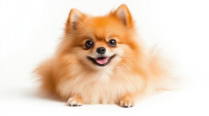 Obraz premium A fluffy Pomeranian dog with a cheerful expression, lying on a white background.