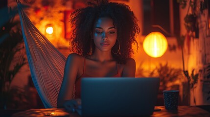 Woman working on a laptop in a cozy indoor hammock setting surrounded by warm lighting in the evening