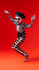 Playful Child in Halloween Skeleton Costume, Dancing and Joyful
