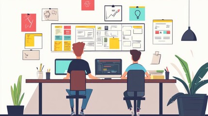 Project planning with agile methodology, flat design, front view, professional theme, cartoon drawing, Split-complementary color scheme