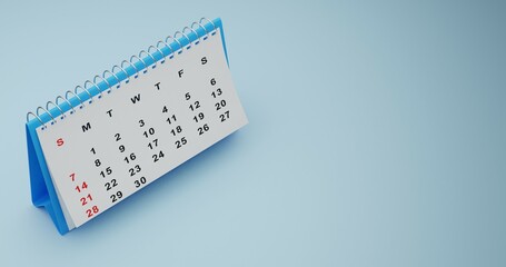 3D White Paper Desk Calendar With Flipping Page Flying blue background 3D render illustration