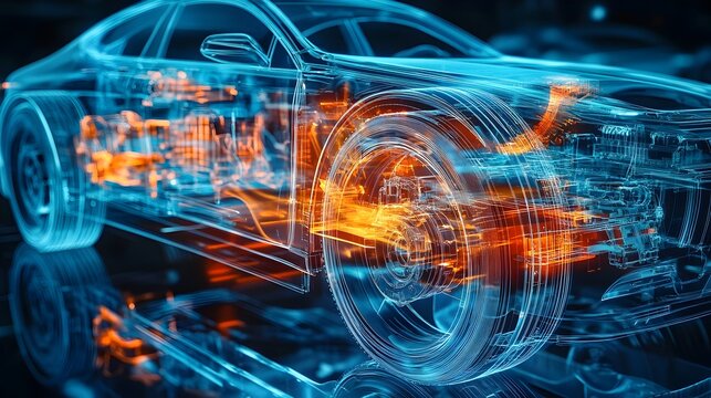 Holographic visualization showcasing the intricate internal architecture and components of a vehicle s braking system  This digital blueprint like image provides a detailed