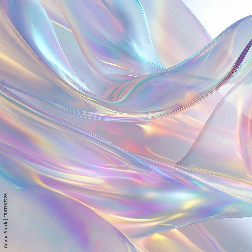 Poster fluid translucent waves with iridescent colors flowing gracefully in soft light during a serene morn