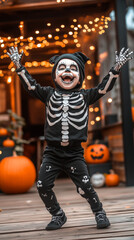 Joyful Halloween Child in Skeleton Costume, Dancing and Laughing
