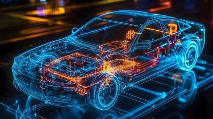 Holographic 3D display showcasing the digital layout and intricate electrical wiring system of a modern automobile