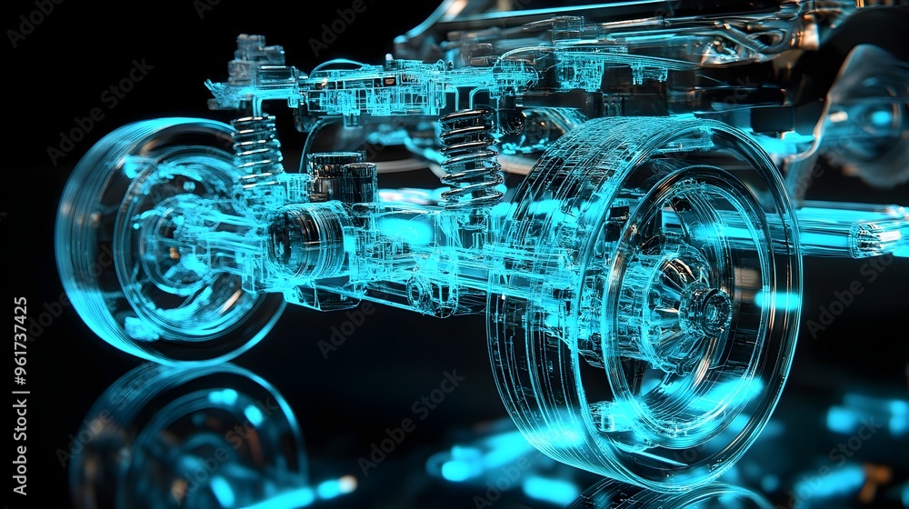 Poster detailed holographic display showcasing the intricate framework and design of a vehicle s suspension