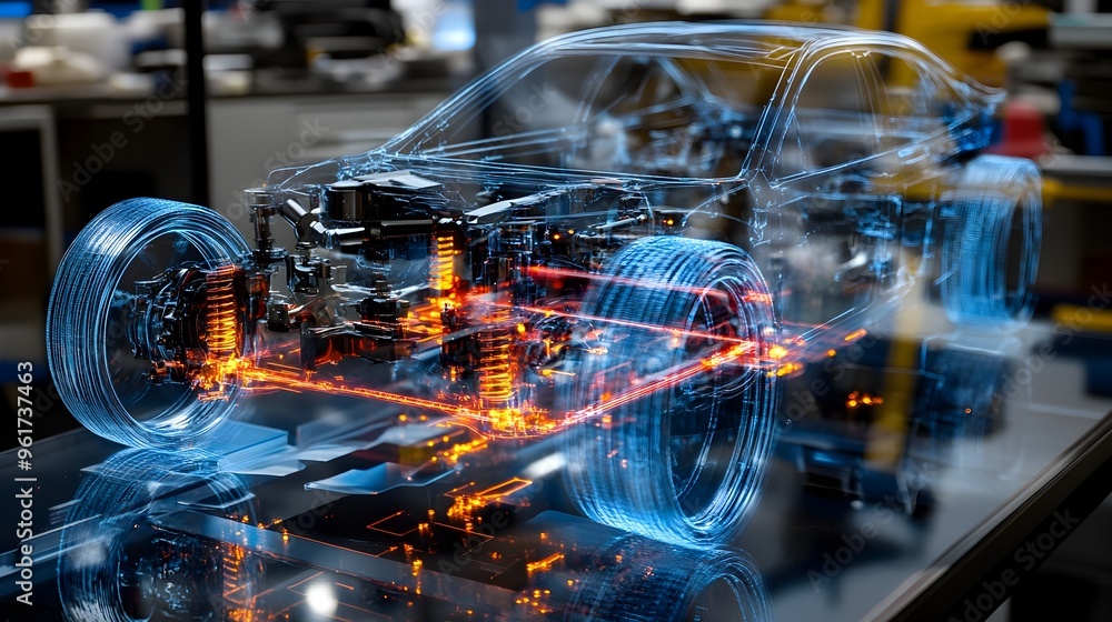 Poster holographic visualization of the intricate framework and components of a vehicle s suspension system