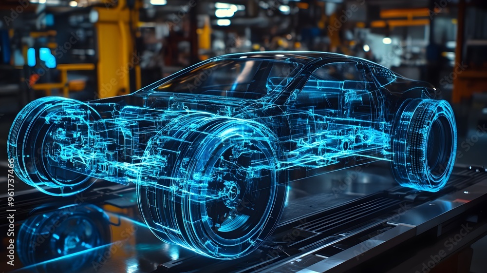Poster detailed holographic rendering showcasing the complex framework and intricate components of a vehicl
