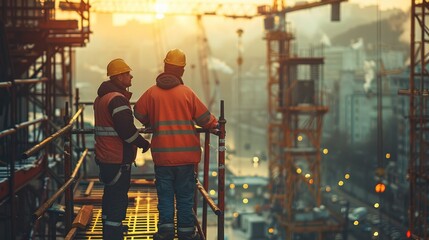 Fototapeta premium Two construction workers standing in a crane basket, The background is filled with cranes, scaffolding, and construction equipment. teamwork, safety, and the industrial environment. Generative AI.