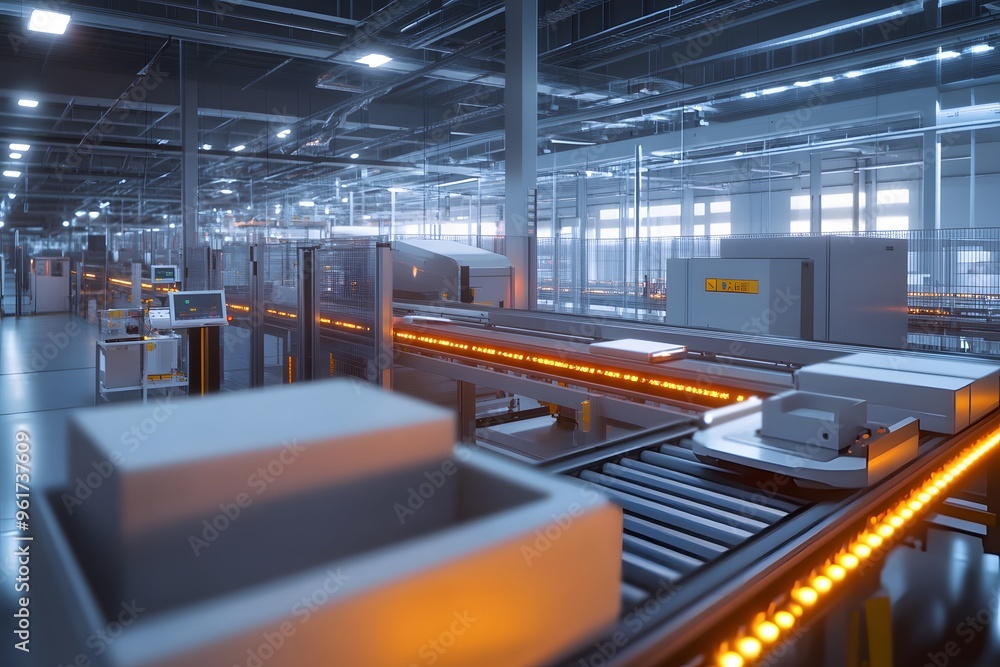 Poster automated conveyor belt system in a modern factory