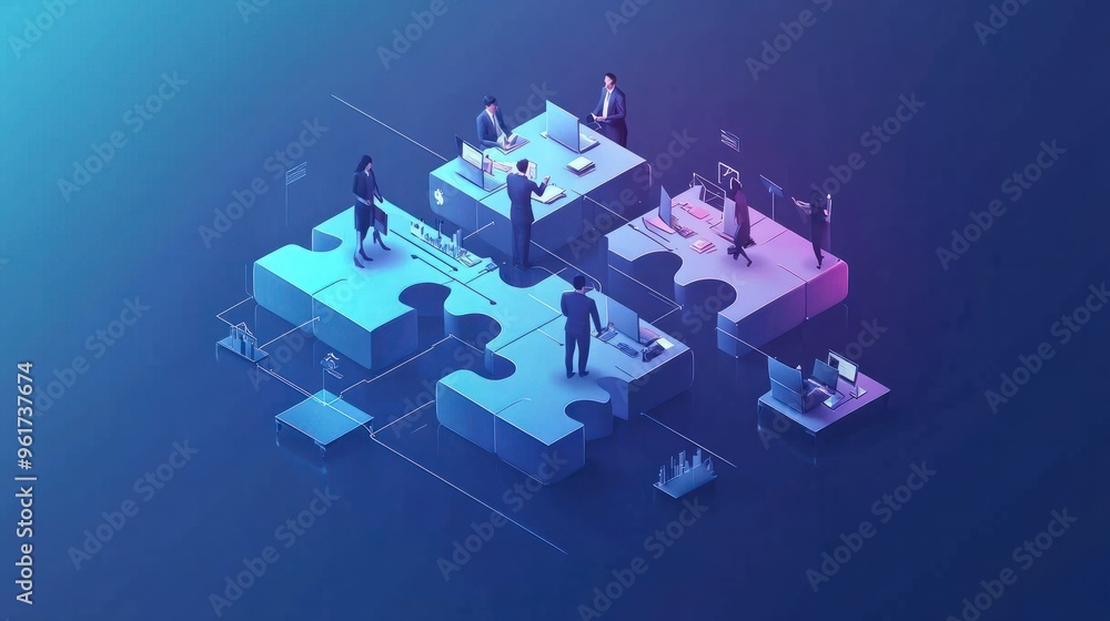 Wall mural this isometric landing page represents a team of business people working at an office desk in the sh