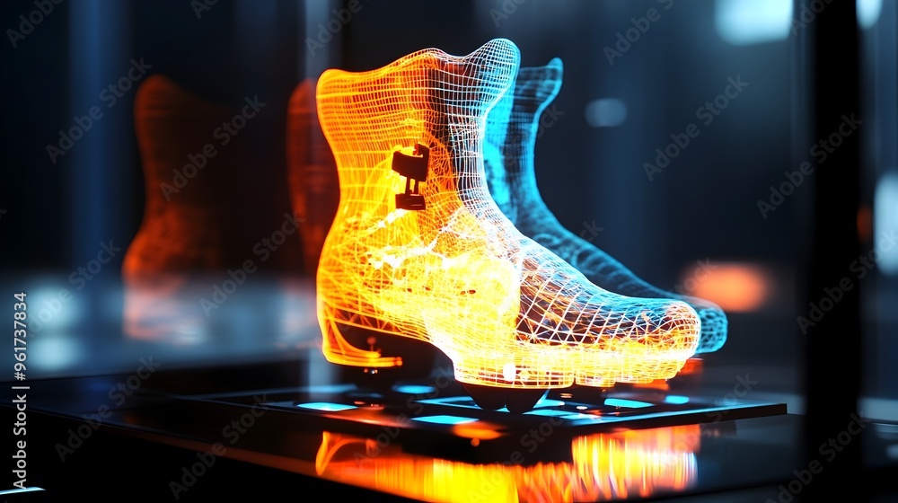 Poster holographic display showcasing a 3d prototype model of a custom prosthetic device integrated with ad