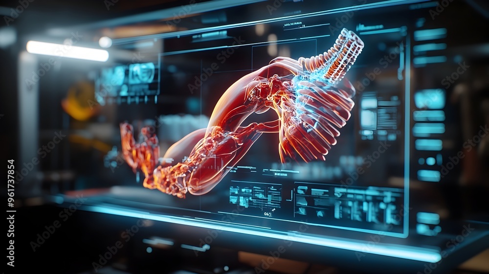 Poster holographic display of an interactive 3d model showcasing the design and articulation details of a f