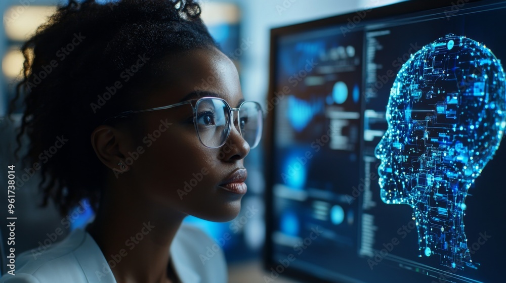 Poster Female Computer Scientist Analyzing AI Data