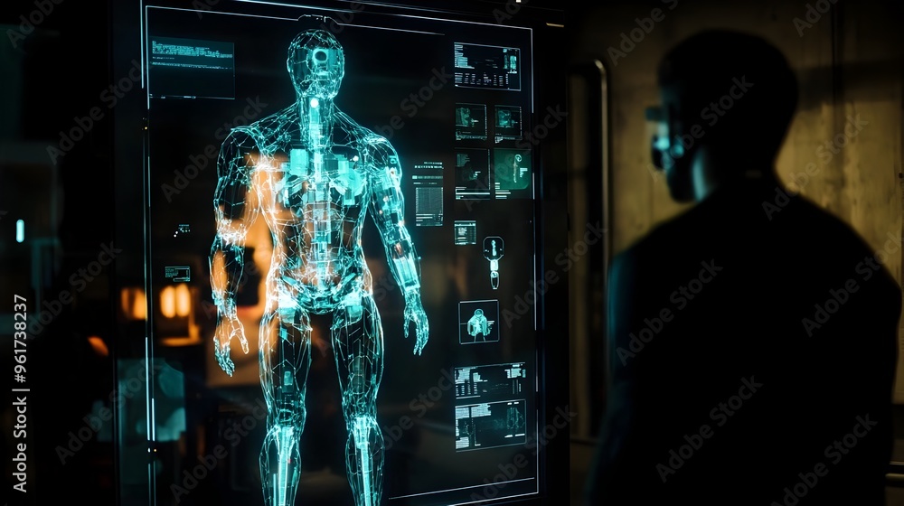 Poster holographic digital simulation of an advanced futuristic wearable prosthetic exoskeleton with innova