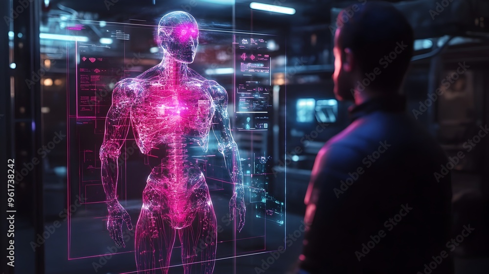 Aufkleber holographic projection showcasing the digital simulation of an advanced wearable prosthetic exoskele
