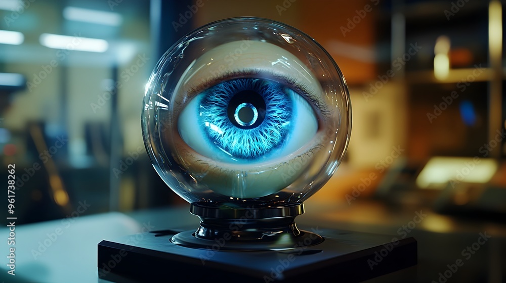 Poster holographic showcasing a virtual model of a prosthetic eye with advanced vision features and cutting