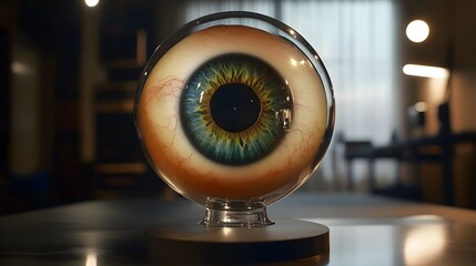 Holographic virtual of a futuristic prosthetic eye with advanced vision enhancement features showcasing innovative medical technology and cyberpunk inspired design