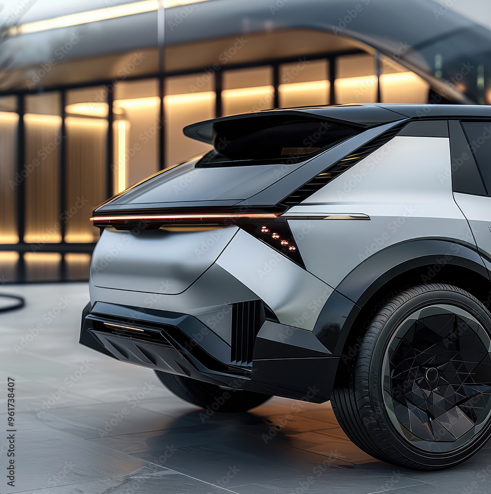 Poster Close up of the rear diffuser of the electric SUV features a streamlined and futuristic design, that integrate in its design a triangular pattern. Generative AI.