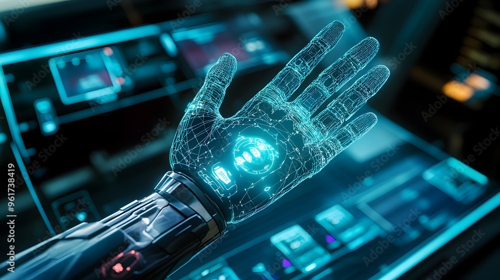 Poster cutting edge holographic visualization of a futuristic bionic hand with interactive digital elements