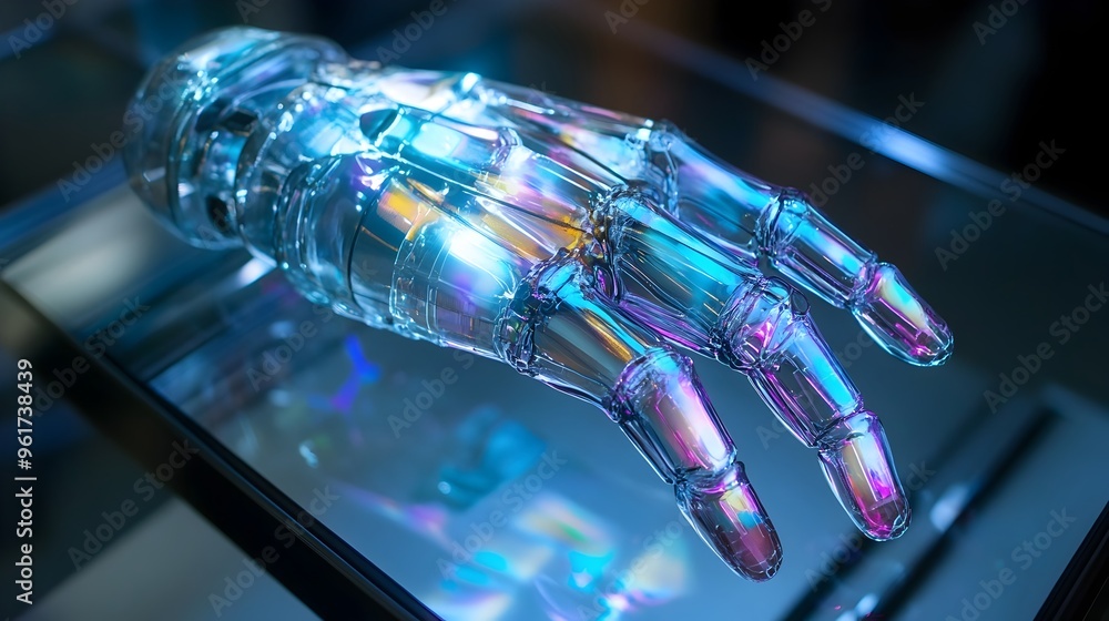 Poster a photograph showcasing a futuristic holographic of a state of the art bionic hand with advanced int
