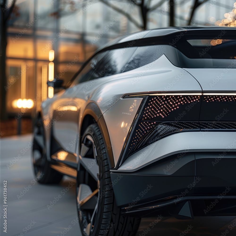 Poster Close up of the rear diffuser of the electric SUV features a streamlined and futuristic design, that integrate in its design a triangular pattern. Generative AI.