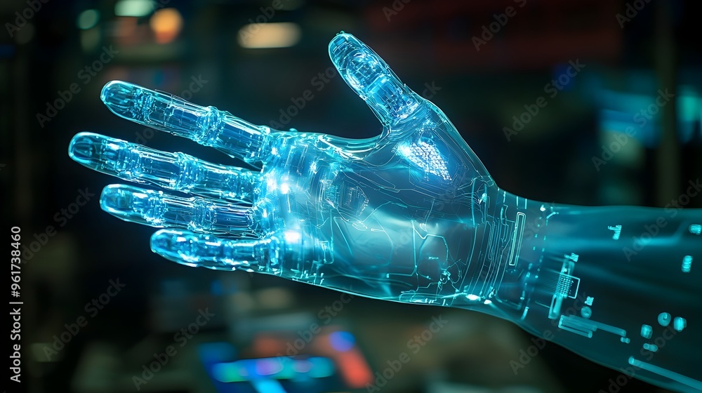 Poster holographic display of a sophisticated bionic hand with interactive digital elements illustrating th