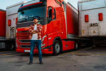 Proud truck company owner standing in front of his truck with crossed hands and smiling for the...
