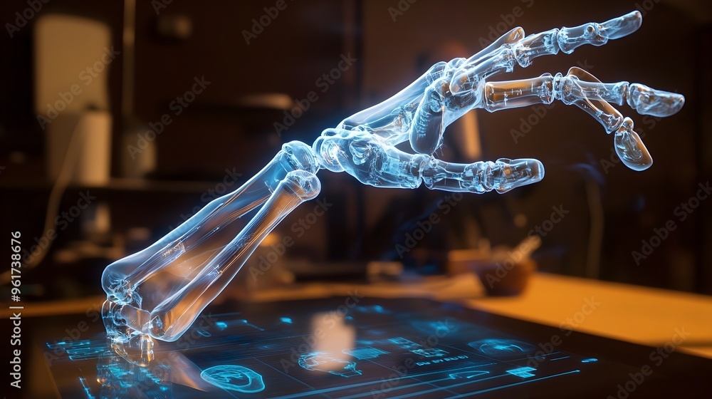 Poster holographic display of a sophisticated 3d model showcasing an advanced cutting edge prosthetic limb 