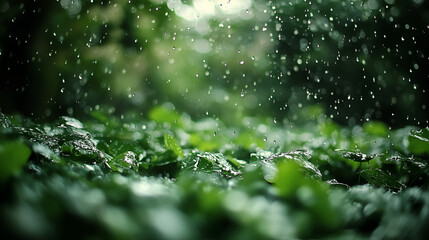 Gentle rain falling on lush green leaves, creating a serene atmosphere in a tranquil forest on a peaceful afternoon