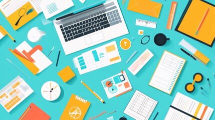 Smart project management tools for remote teams, flat design, top view, tech productivity theme, animation, Split-complementary color scheme