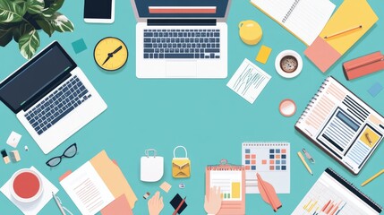 Fototapeta premium Smart project management tools for remote teams, flat design, top view, tech productivity theme, animation, Split-complementary color scheme