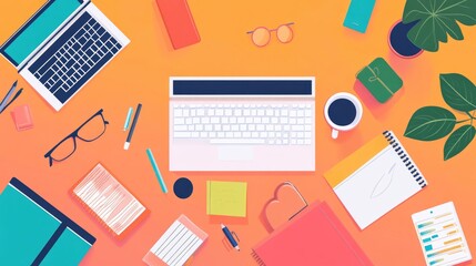 Smart project management tools for remote teams, flat design, top view, tech productivity theme, animation, Split-complementary color scheme