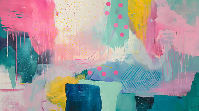 Beautiful abstract geometric pop art painting with vivid colors and simple shades. Pink, purple, yellow artistic bright colorful maximalist wall art