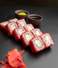 California roll on a black background