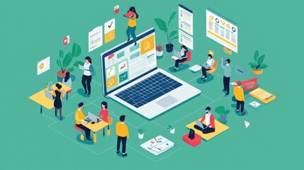 Smart project management tools for remote teams, flat design, top view, tech productivity theme, animation, Split-complementary color scheme