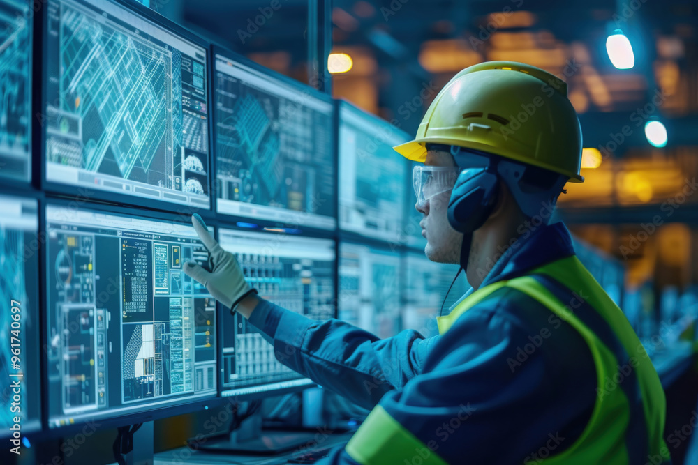 Poster a worker in a helmet interacts with multiple monitors in a modern industrial setting, showcasing tec