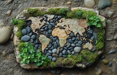 Unique stone crafting showcases a world map design surrounded by pebbles and vibrant greenery