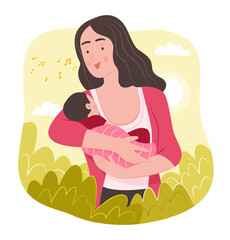 Mother Singing a Lullaby Song for Her Baby for Family Concept Illustration