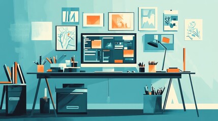Smart tools optimizing workflow efficiency, flat design, side view, corporate theme, water color, Complementary Color Scheme