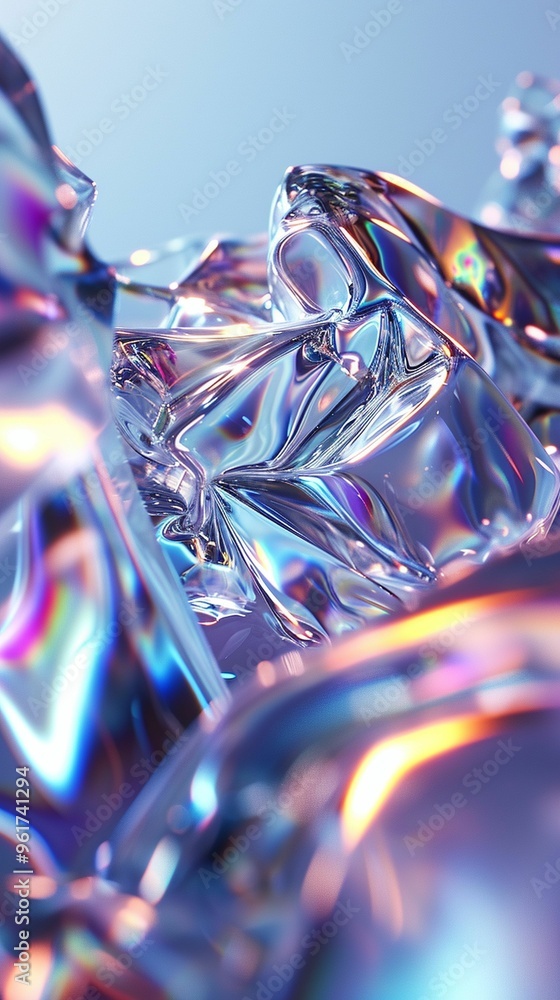 Poster iridescent crystal formations reflecting light in a colorful display in a bright, abstract setting