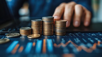 Financial Growth and Investment with Coin Stacks on a Laptop Keyboard