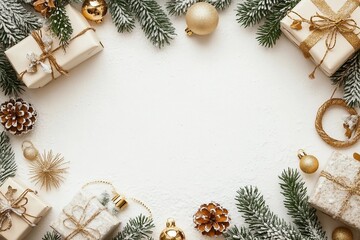 Christmas mood frame of gifts, green spruce, gold christmas decorations on white background. Copy space. New Year.
