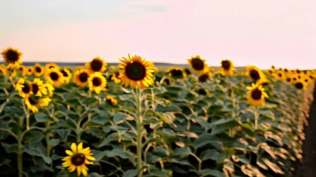 A time-lapse of a field of golden sunflowers turning their heads to follow the sun&rsquo;s path across the sky, symbolizing vitality and positivity.
