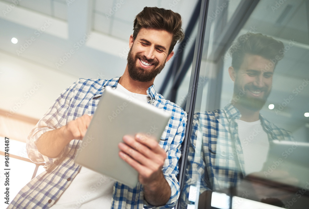 Poster office, businessman and smile with tablet for software, company content and productivity with techno
