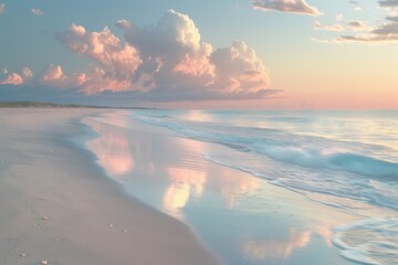 Fototapeta premium pastel tone of sunrises over a calm ocean, casting a warm glow on a serene beach with soft waves gently lapping the shore.
