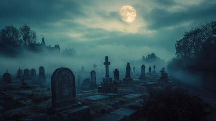 Spooky Cemetery Landscape with Fog and Tombstones, Halloween
