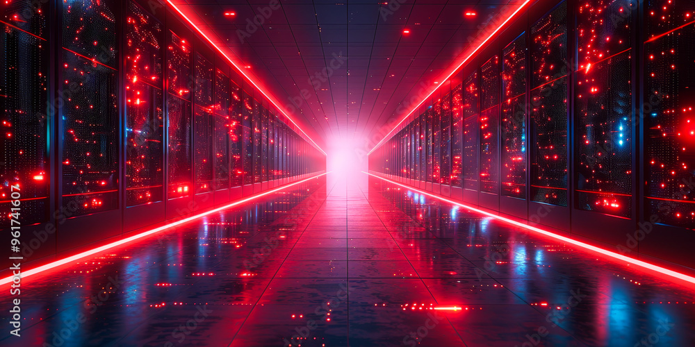 Poster high-performance futuristic data center with illuminated red neon lights and endless server rows