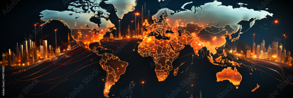 Poster global economic activity highlighted by illuminated electronics trade routes on world map